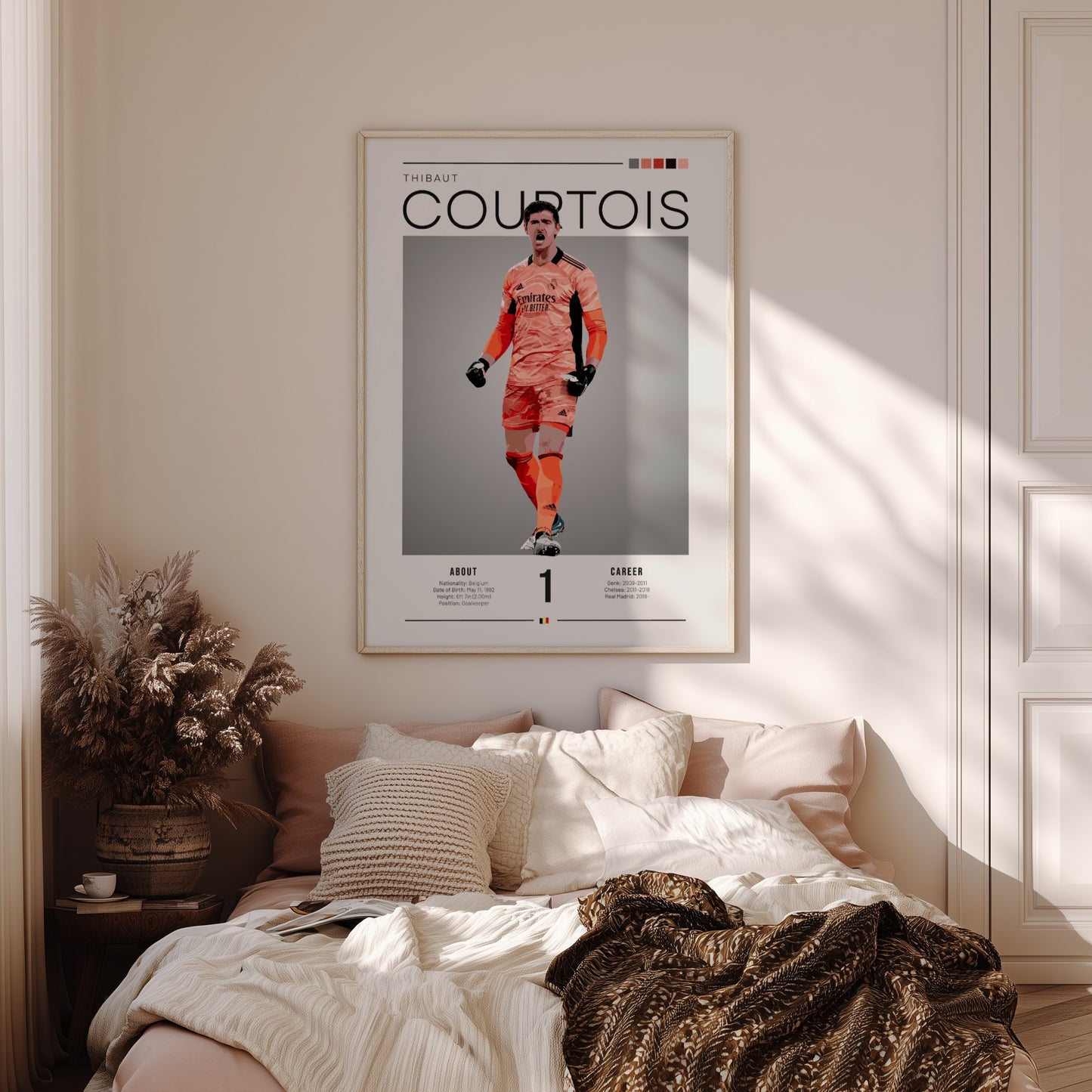Thibaut Courtois poster featuring Real Madrid goalkeeper in vibrant colors, dynamic style for home decor.