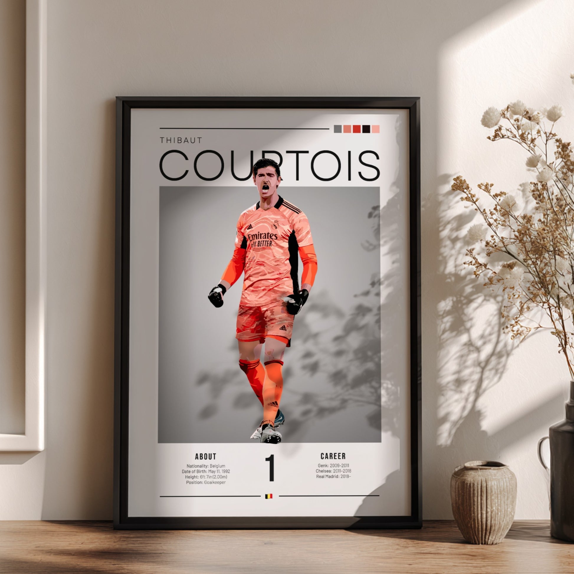 Thibaut Courtois poster featuring Real Madrid goalkeeper in vibrant colors, dynamic style for home decor.