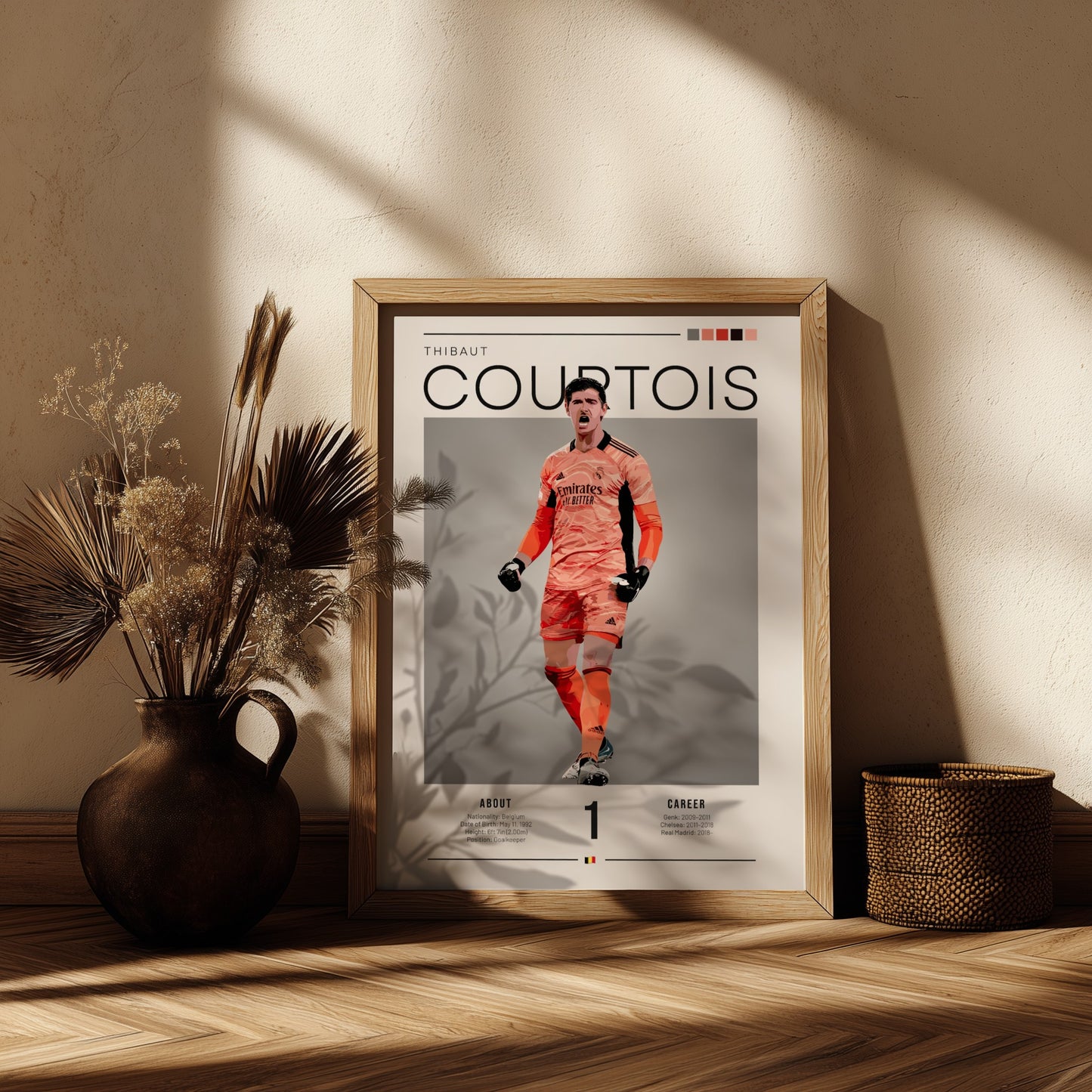 Thibaut Courtois poster featuring Real Madrid goalkeeper in vibrant colors, dynamic style for home decor.