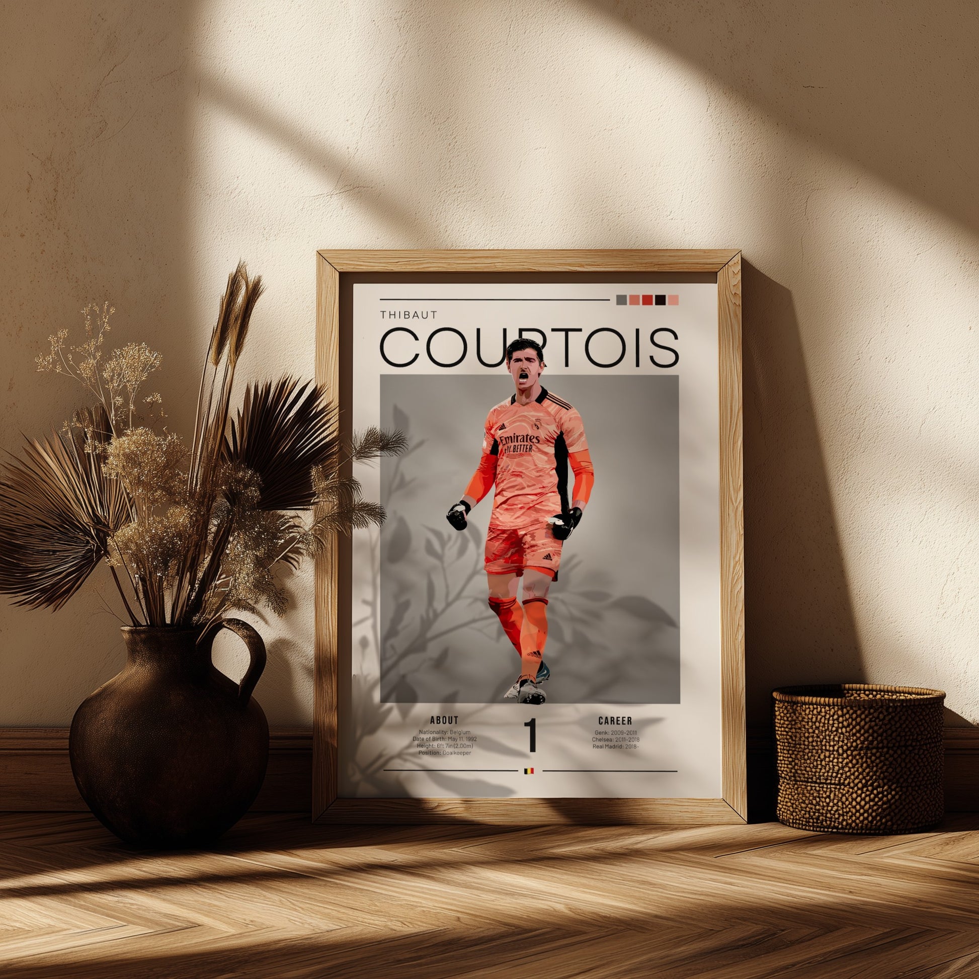 Thibaut Courtois poster featuring Real Madrid goalkeeper in vibrant colors, dynamic style for home decor.