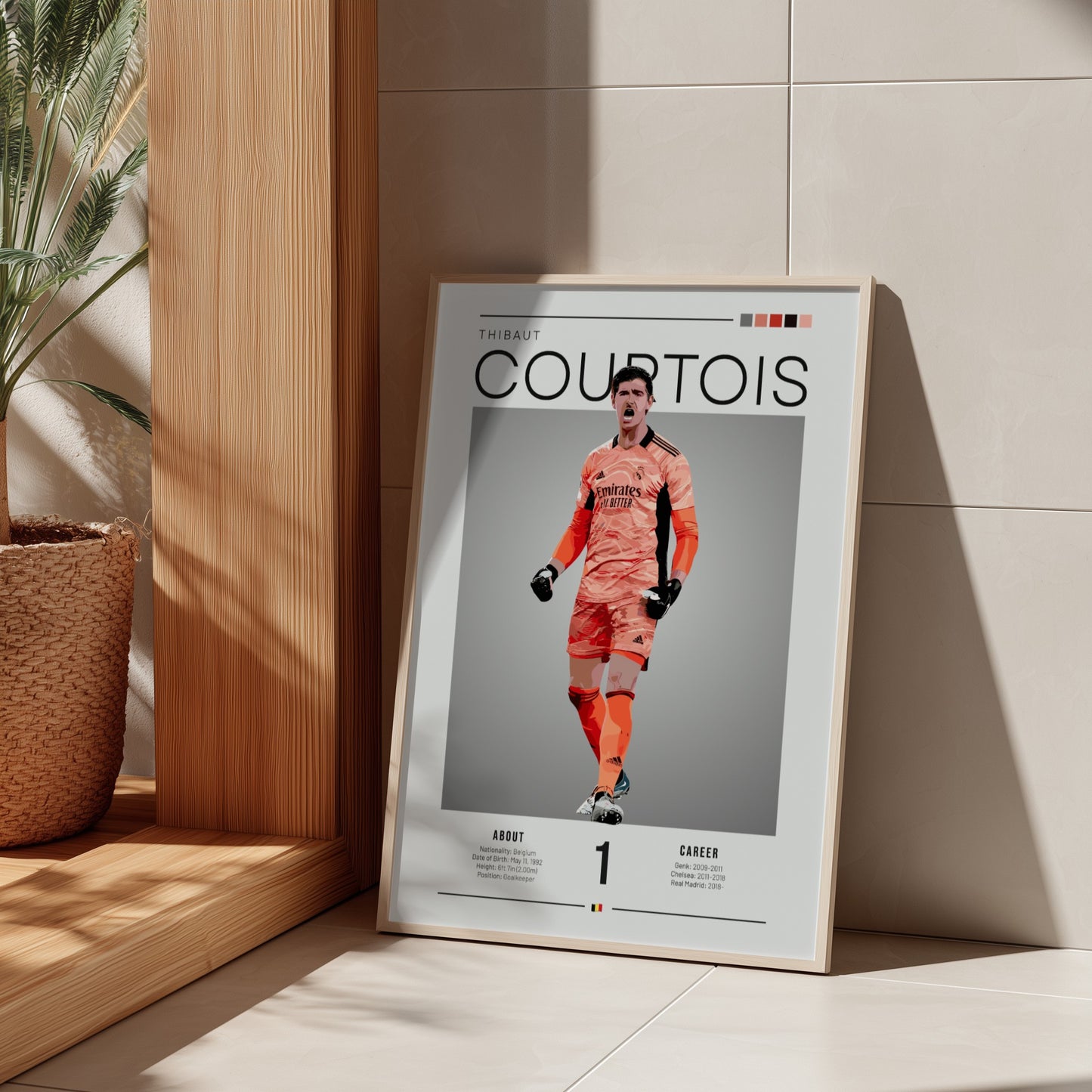 Thibaut Courtois poster featuring Real Madrid goalkeeper in vibrant colors, dynamic style for home decor.