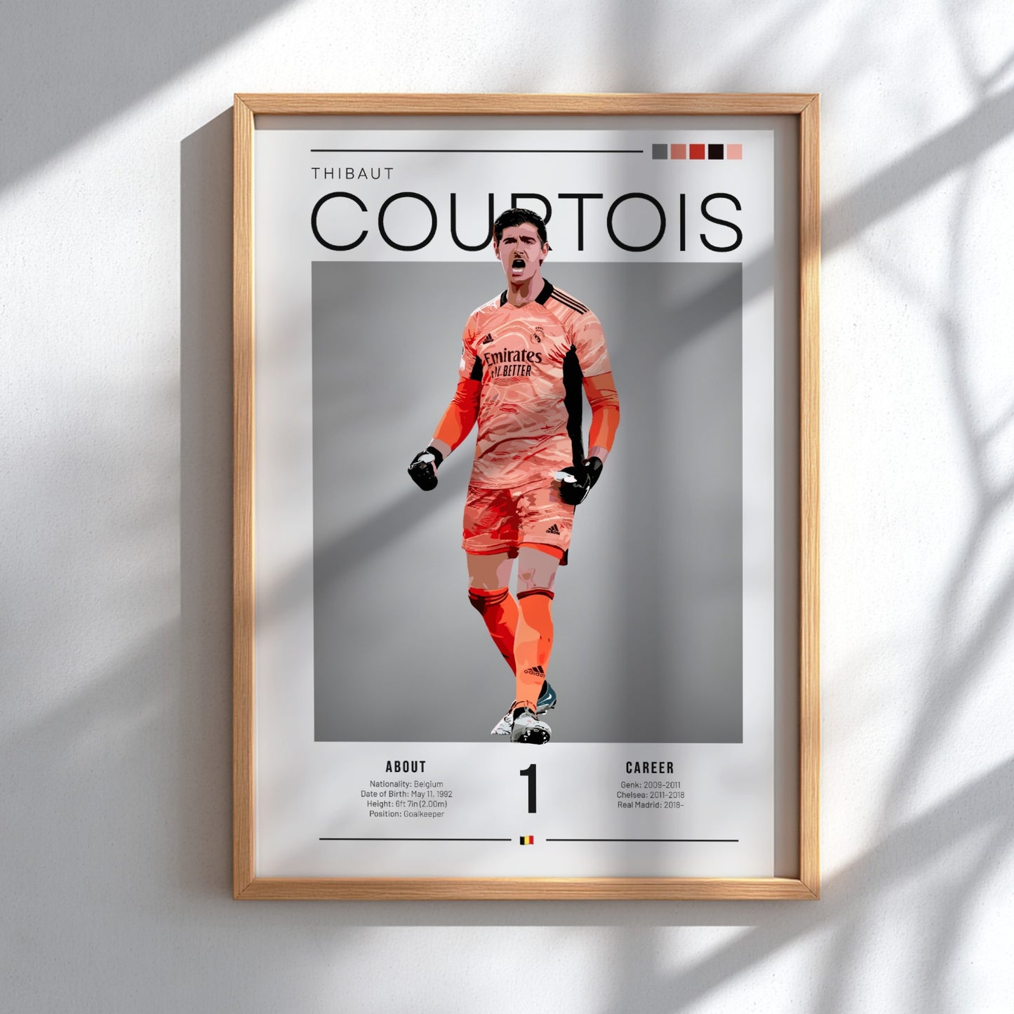 Thibaut Courtois poster featuring Real Madrid goalkeeper in vibrant colors, dynamic style for home decor.