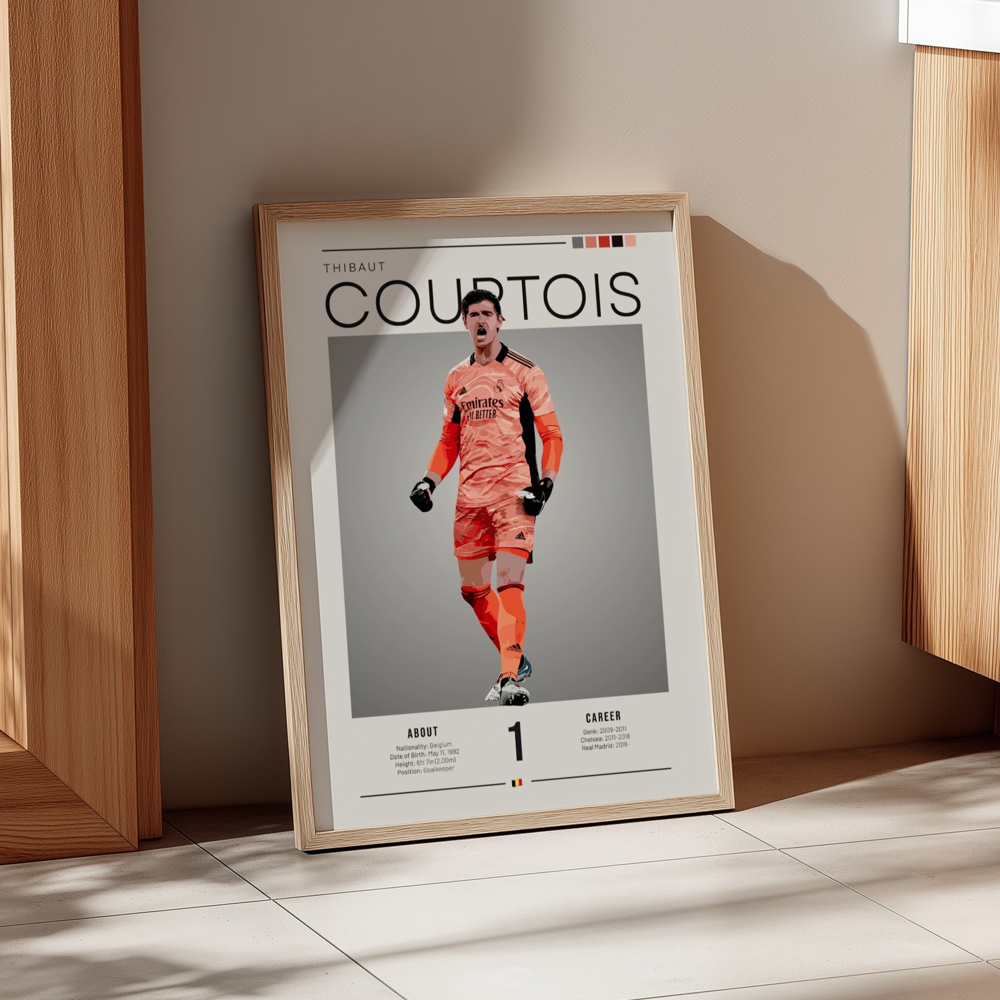 Thibaut Courtois poster featuring Real Madrid goalkeeper in vibrant colors, dynamic style for home decor.
