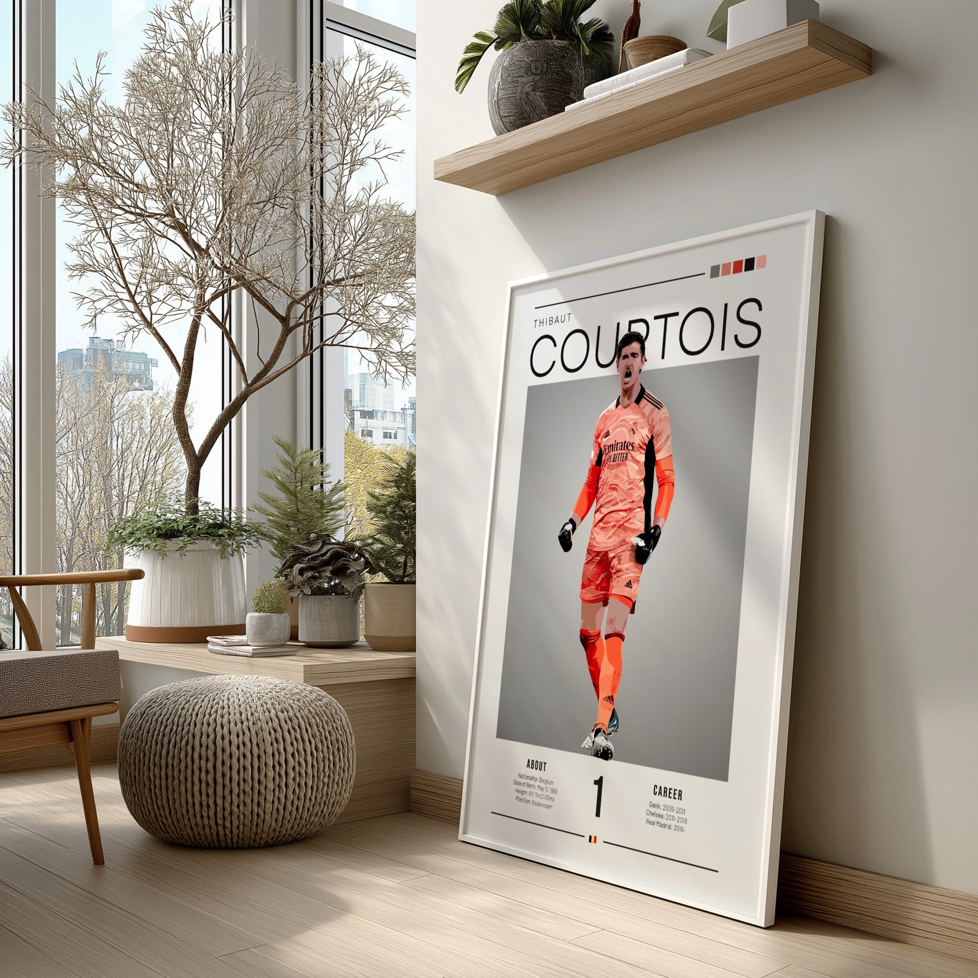 Thibaut Courtois poster featuring Real Madrid goalkeeper in vibrant colors, dynamic style for home decor.