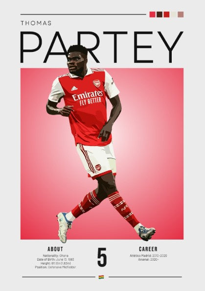 Thomas Partey art print featuring vibrant red and white colors in a modern design, perfect for sports