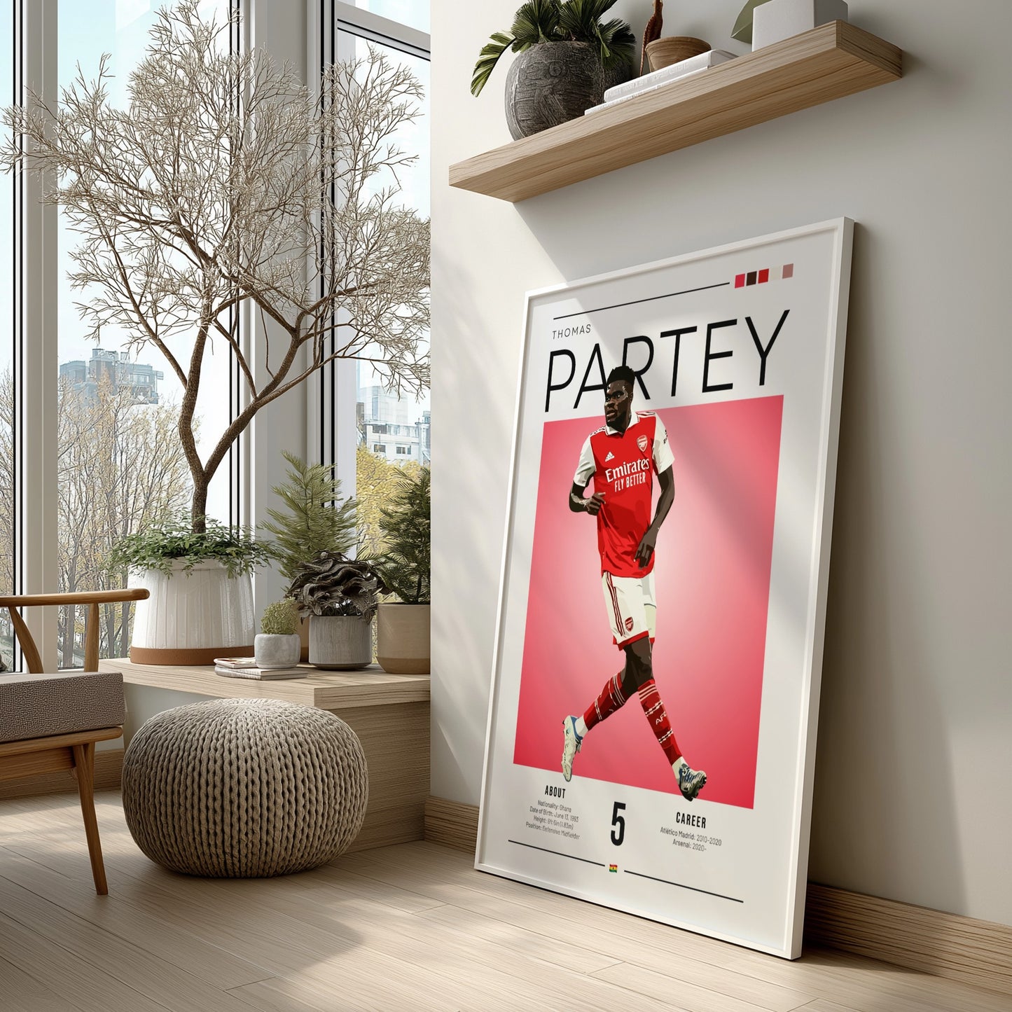 Thomas Partey art print featuring vibrant red and white colors in a modern design, perfect for sports
