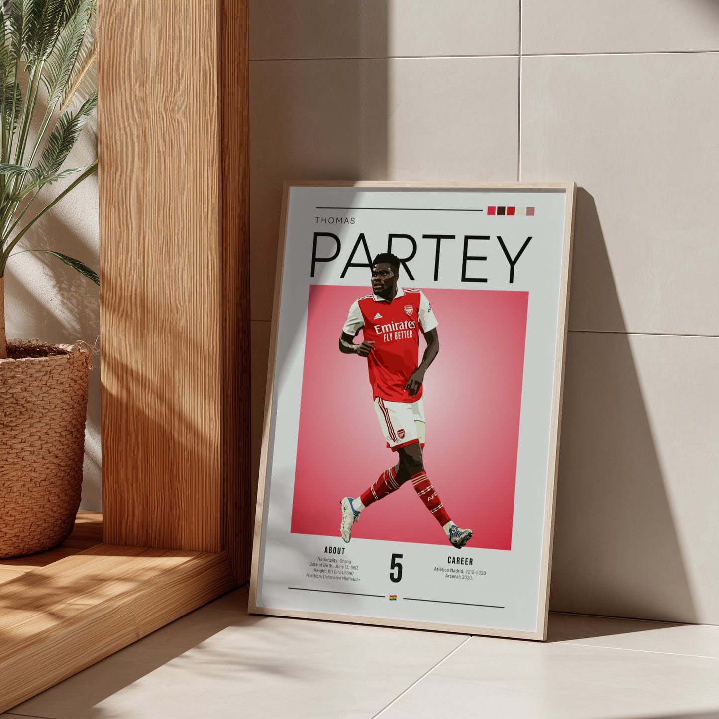 Thomas Partey art print featuring vibrant red and white colors in a modern design, perfect for sports