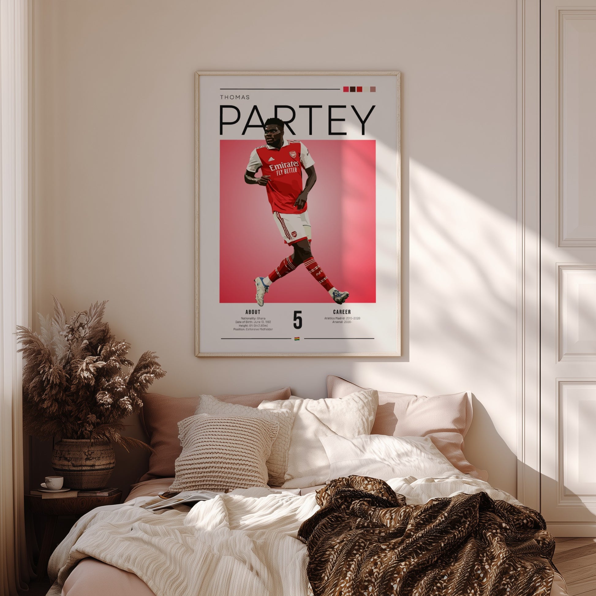 Thomas Partey art print featuring vibrant red and white colors in a modern design, perfect for sports