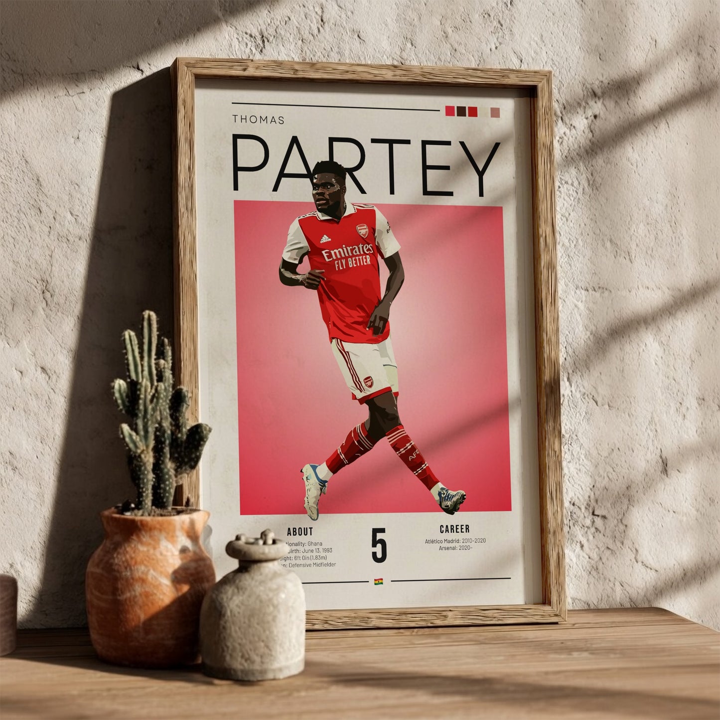 Thomas Partey art print featuring vibrant red and white colors in a modern design, perfect for sports