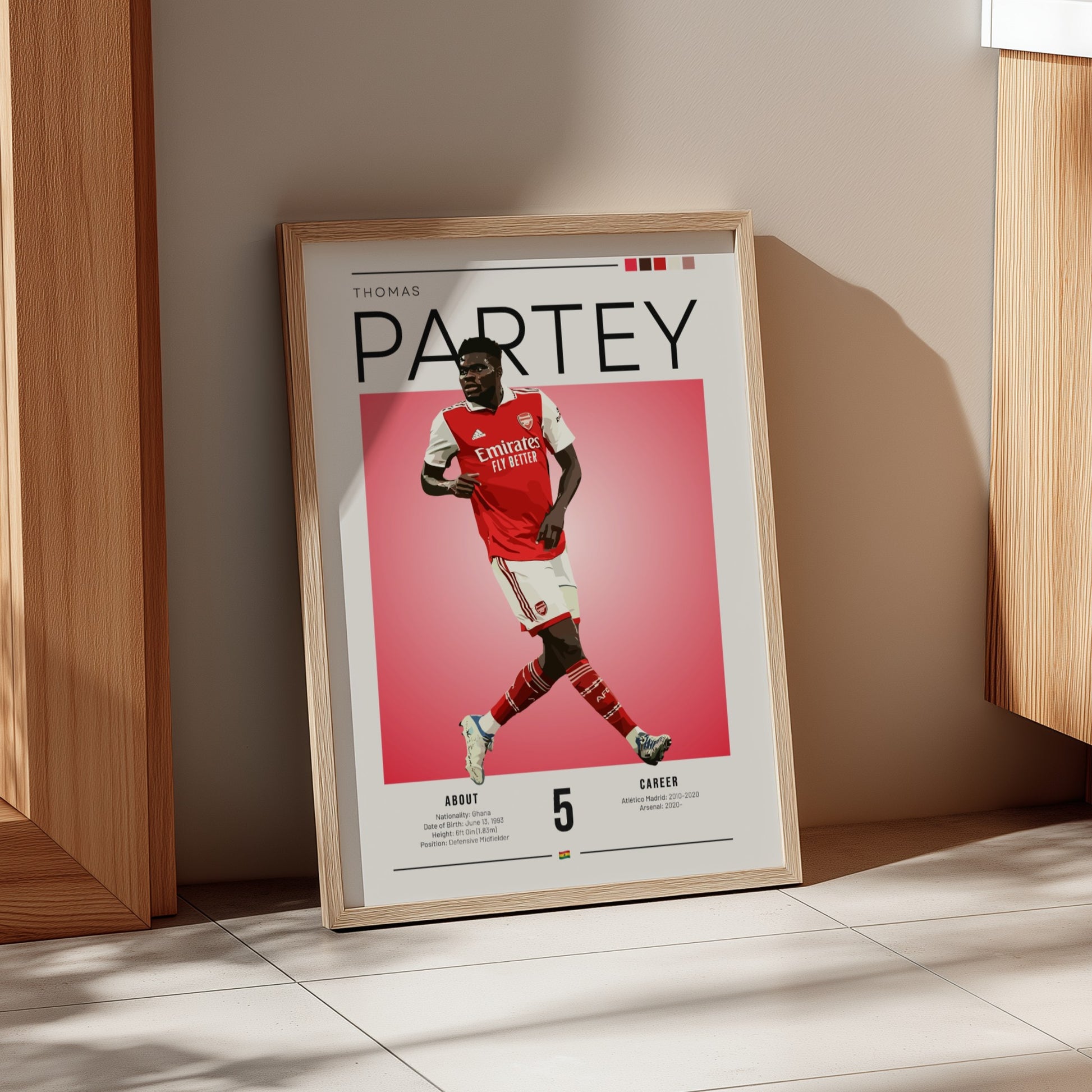 Thomas Partey art print featuring vibrant red and white colors in a modern design, perfect for sports