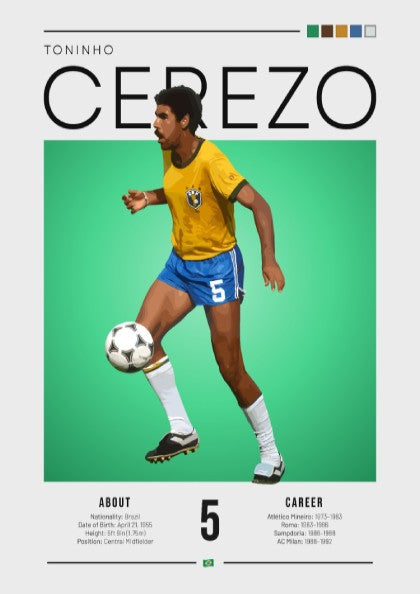 Toninho Cerezo football art print featuring vibrant yellow jersey and green background