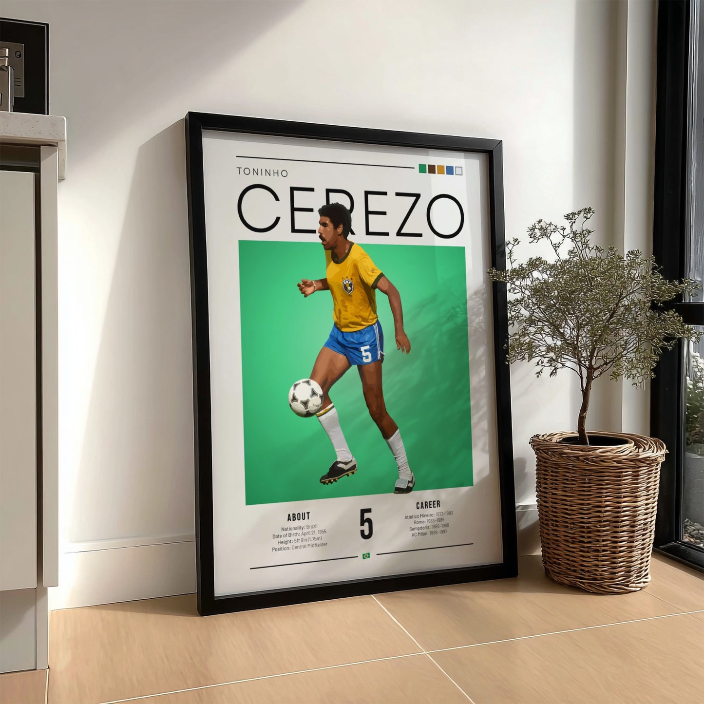 Toninho Cerezo football art print featuring vibrant yellow jersey and green background