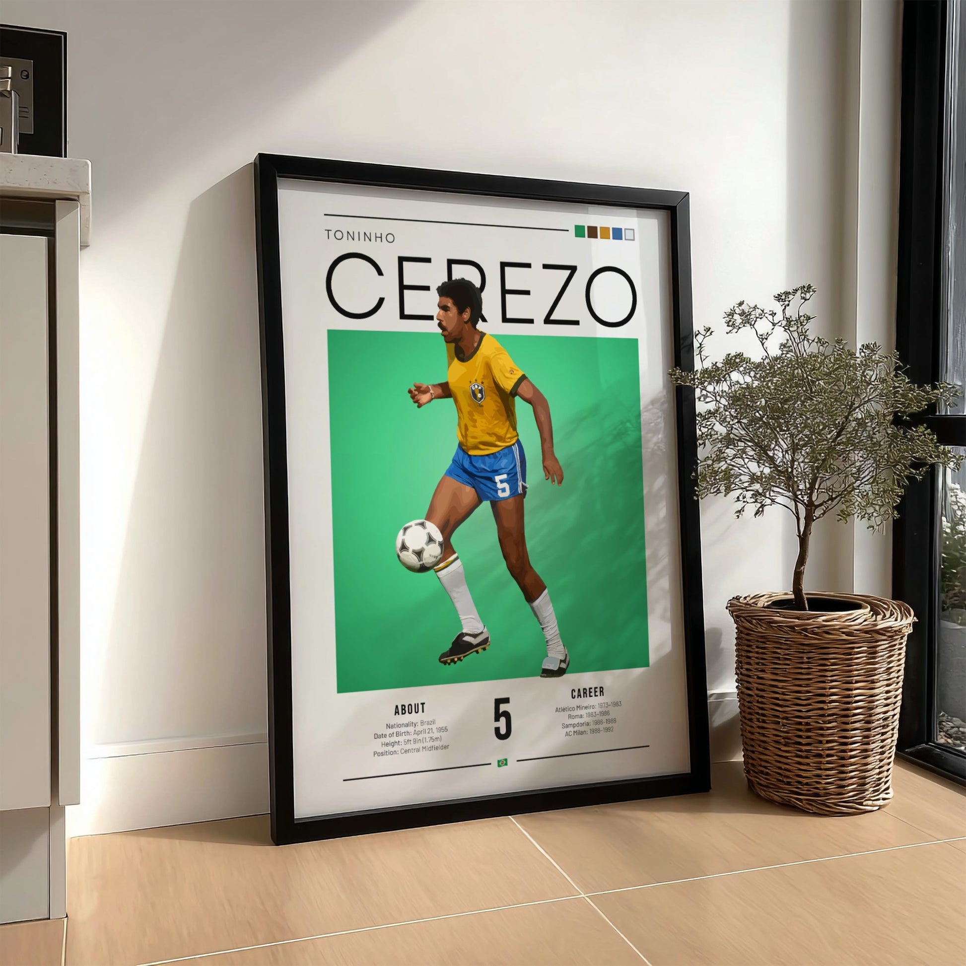 Toninho Cerezo football art print featuring vibrant yellow jersey and green background