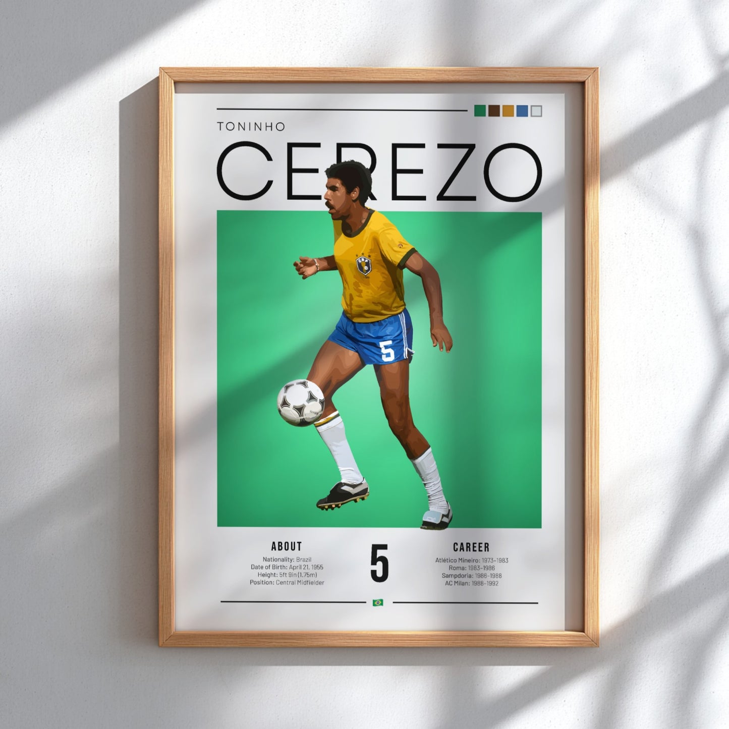 Toninho Cerezo football art print featuring vibrant yellow jersey and green background
