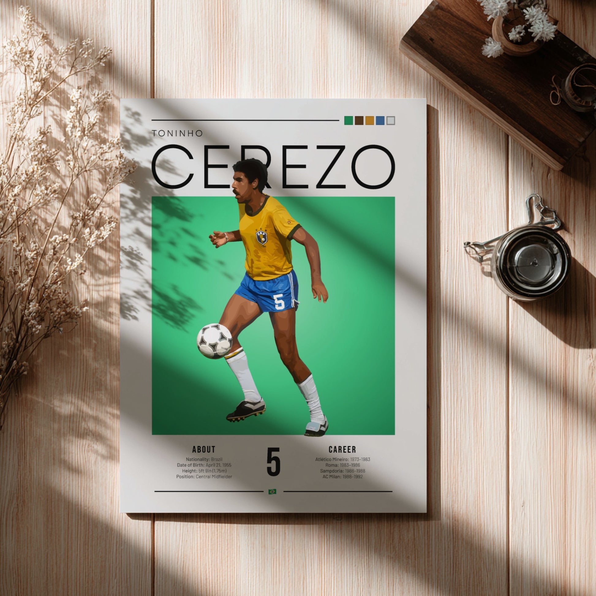 Toninho Cerezo football art print featuring vibrant yellow jersey and green background