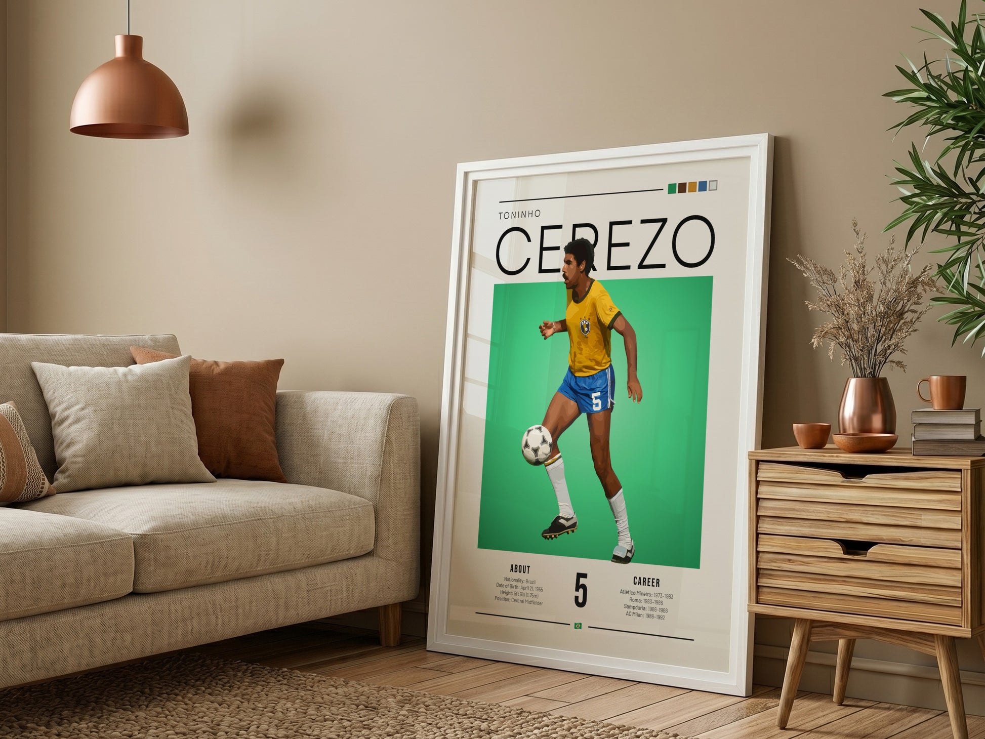 Toninho Cerezo football art print featuring vibrant yellow jersey and green background