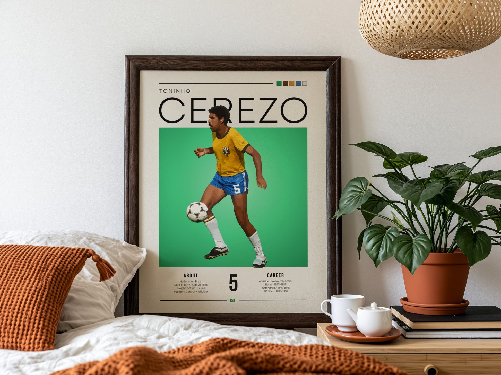 Toninho Cerezo football art print featuring vibrant yellow jersey and green background