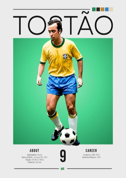 Tostão football player art featuring vibrant yellow and blue colors in a vintage style
