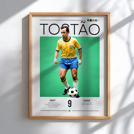 Tostão football player art featuring vibrant yellow and blue colors in a vintage style