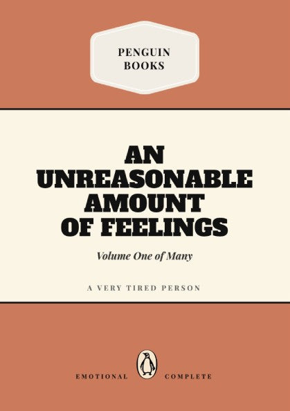 Funny quote poster featuring a penguin book illustration with playful typography and warm colors