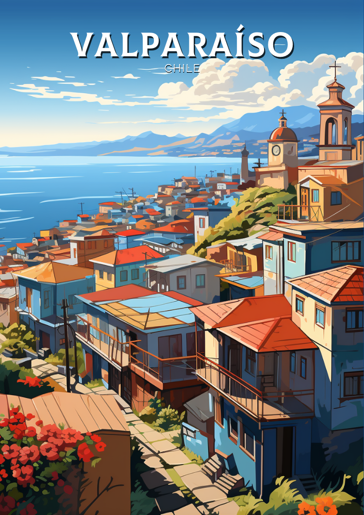 South America VALPARAISO TRAVEL POSTER - RETRO CHILE DESIGN
