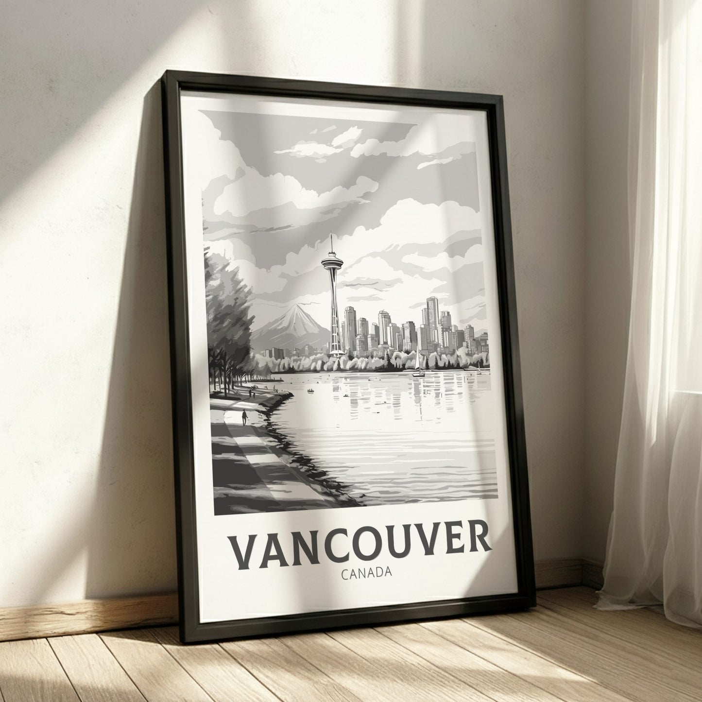Framed poster of Vancouver, Canada with a city skyline and lake.