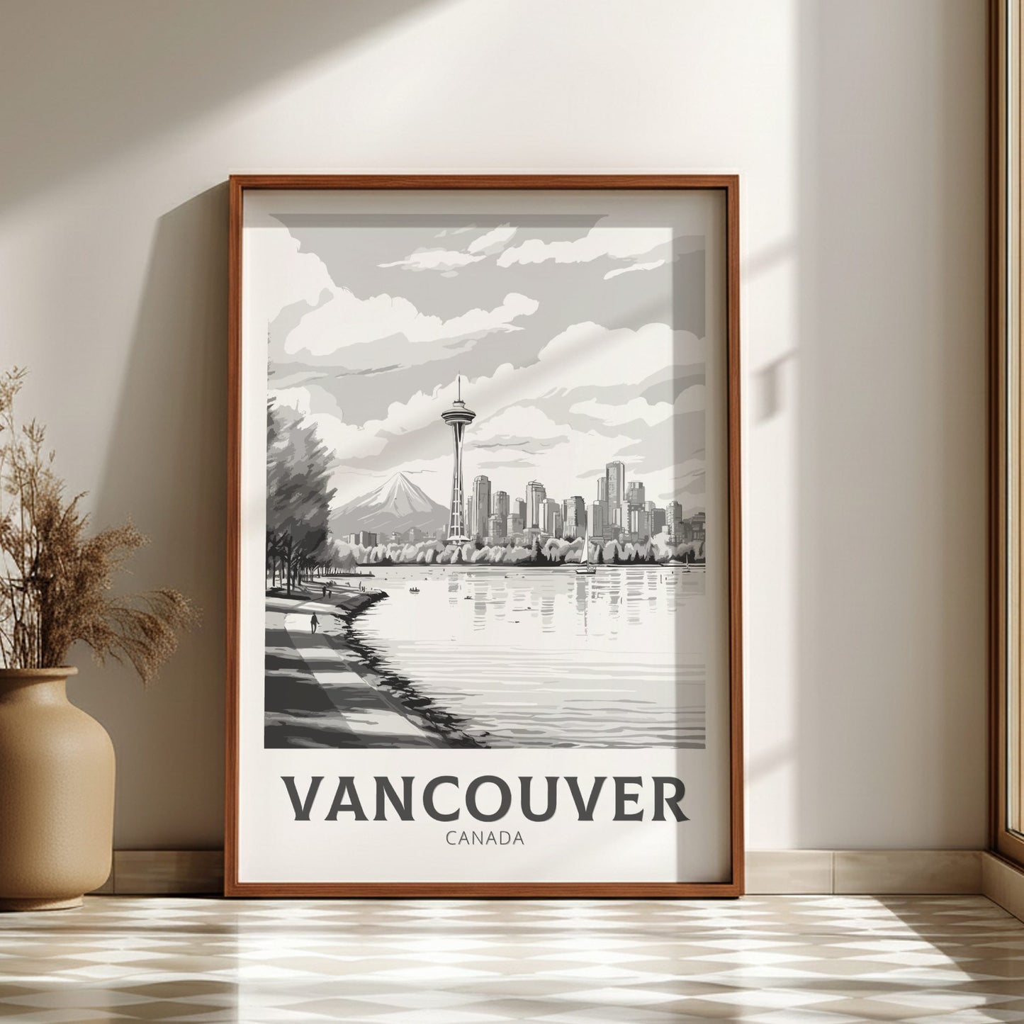 Framed artwork of Vancouver, Canada with a cityscape and mountain view.