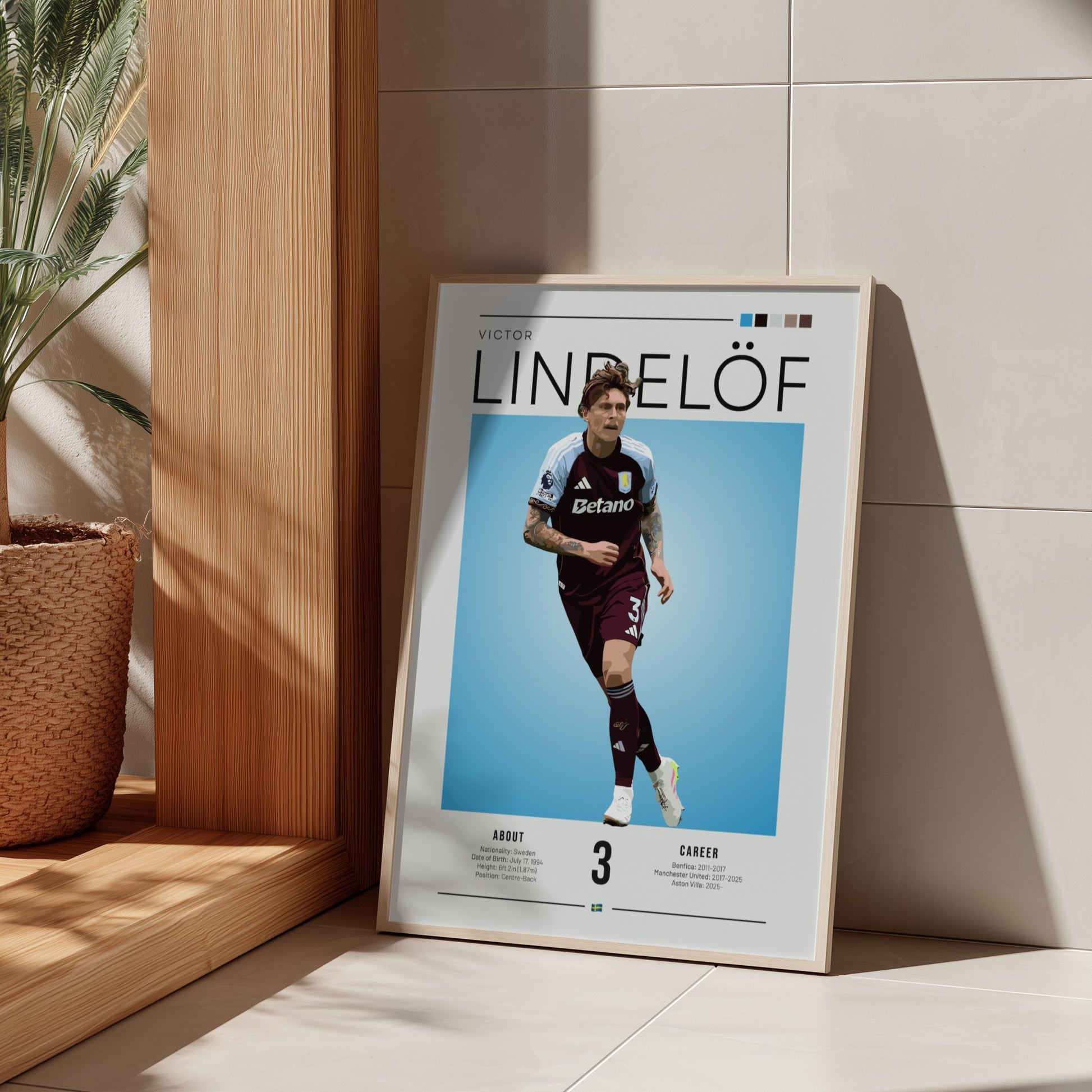 Football poster of Victor Lindelöf in Aston Villa shirt, vibrant colors and dynamic design