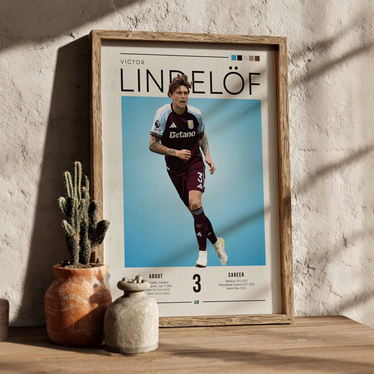 Football poster of Victor Lindelöf in Aston Villa shirt, vibrant colors and dynamic design