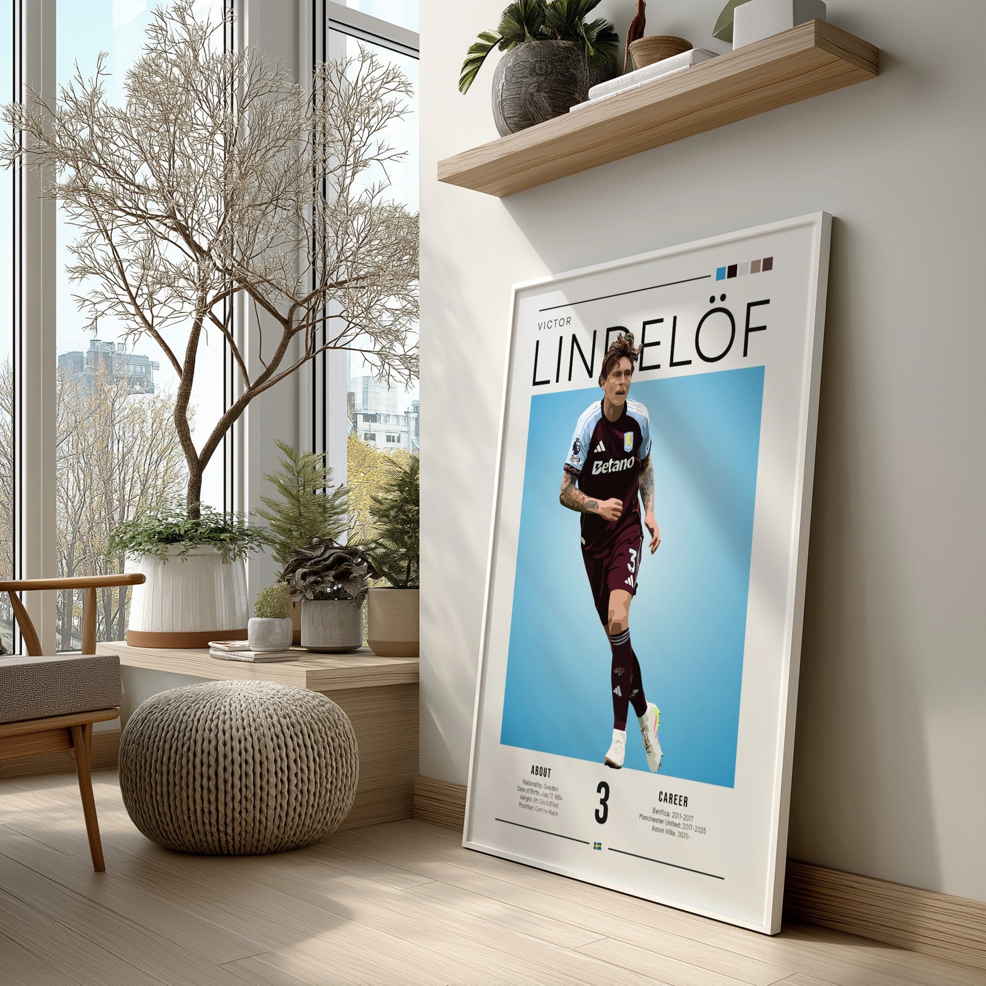 Football poster of Victor Lindelöf in Aston Villa shirt, vibrant colors and dynamic design