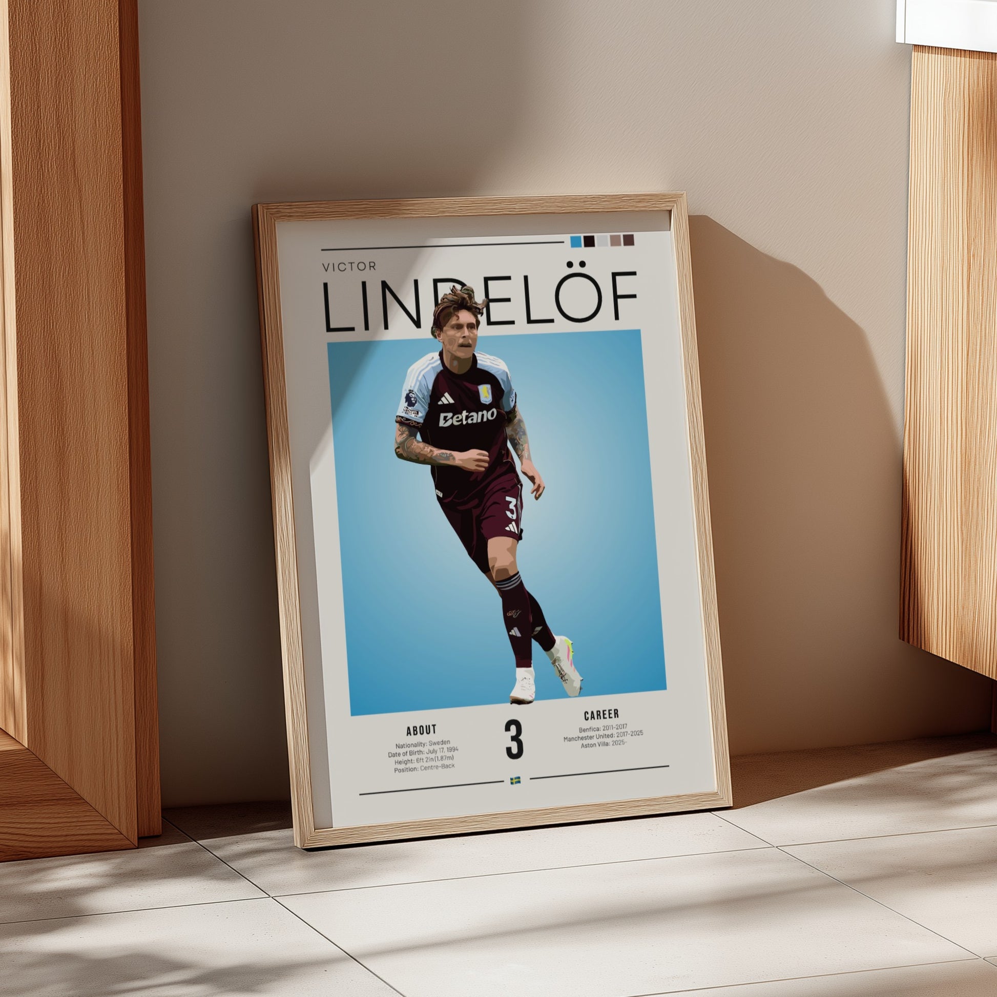 Football poster of Victor Lindelöf in Aston Villa shirt, vibrant colors and dynamic design