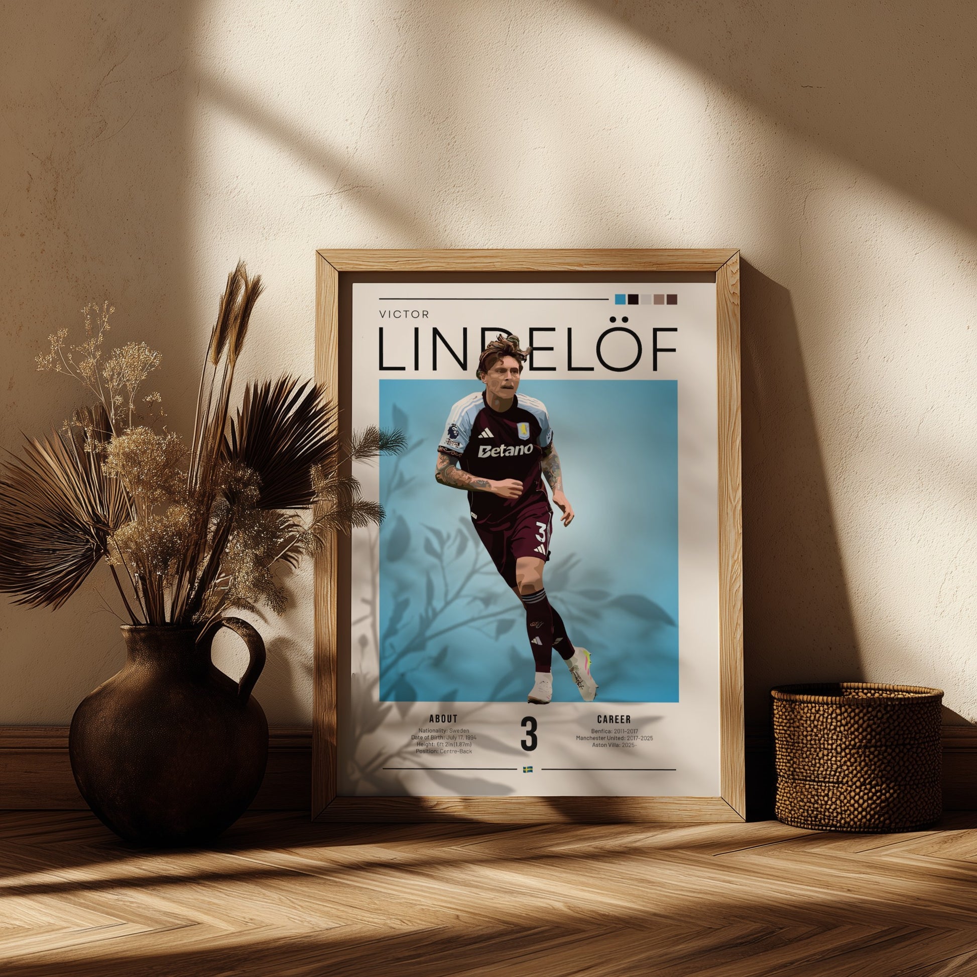 Football poster of Victor Lindelöf in Aston Villa shirt, vibrant colors and dynamic design