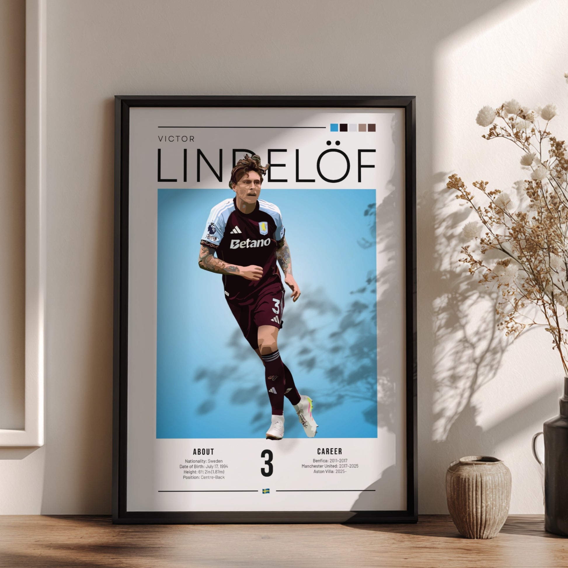 Football poster of Victor Lindelöf in Aston Villa shirt, vibrant colors and dynamic design