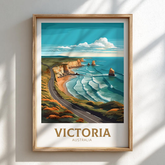 Framed artwork of a coastal scene with 'Victoria, Australia' text on a white wall.