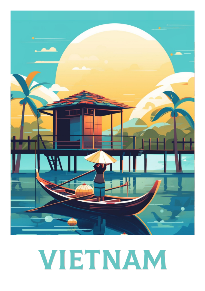 Asian VIETNAM TRAVEL POSTER - RETRO SOUTHEAST ASIA ART