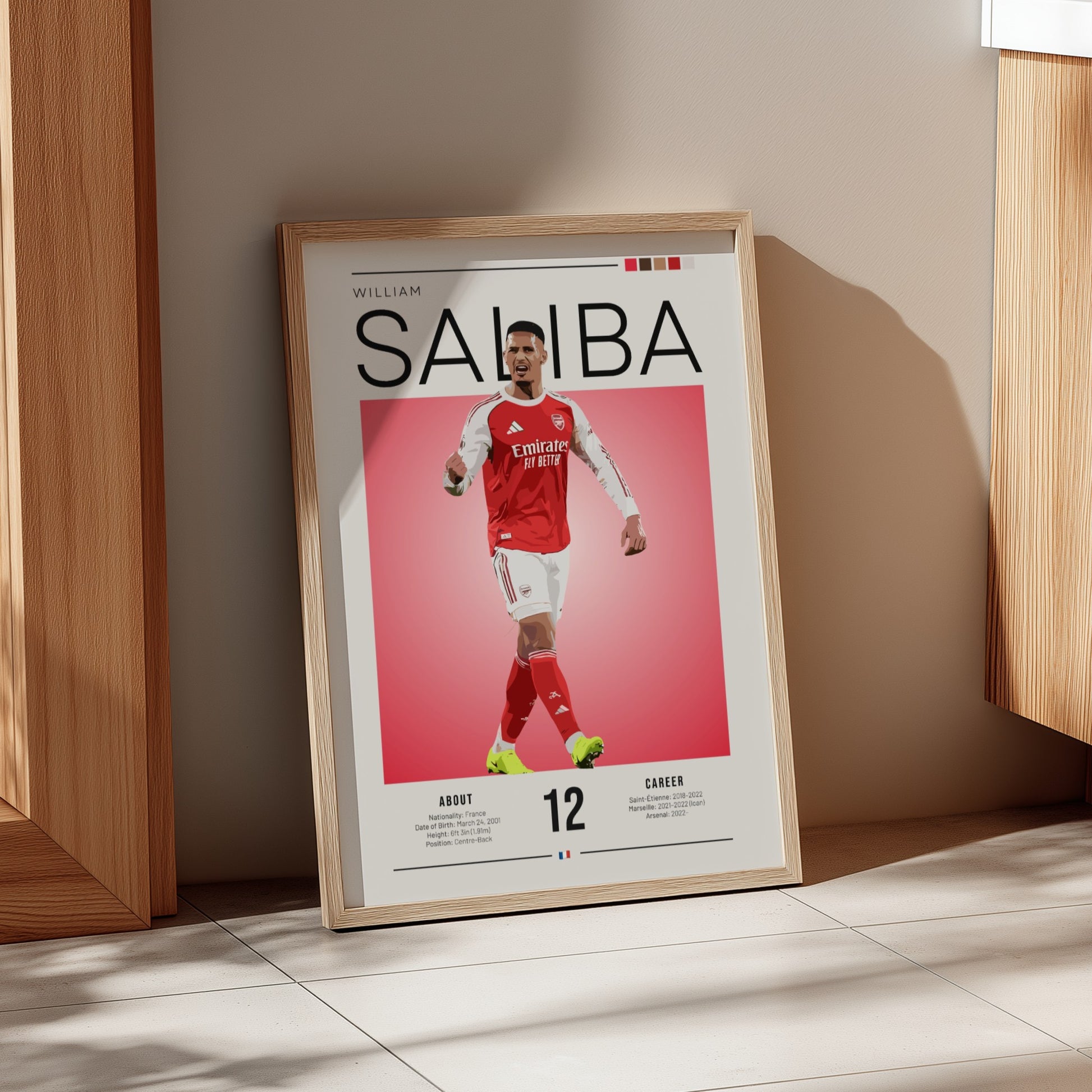 William Saliba poster featuring vibrant colors and modern design for sports enthusiasts