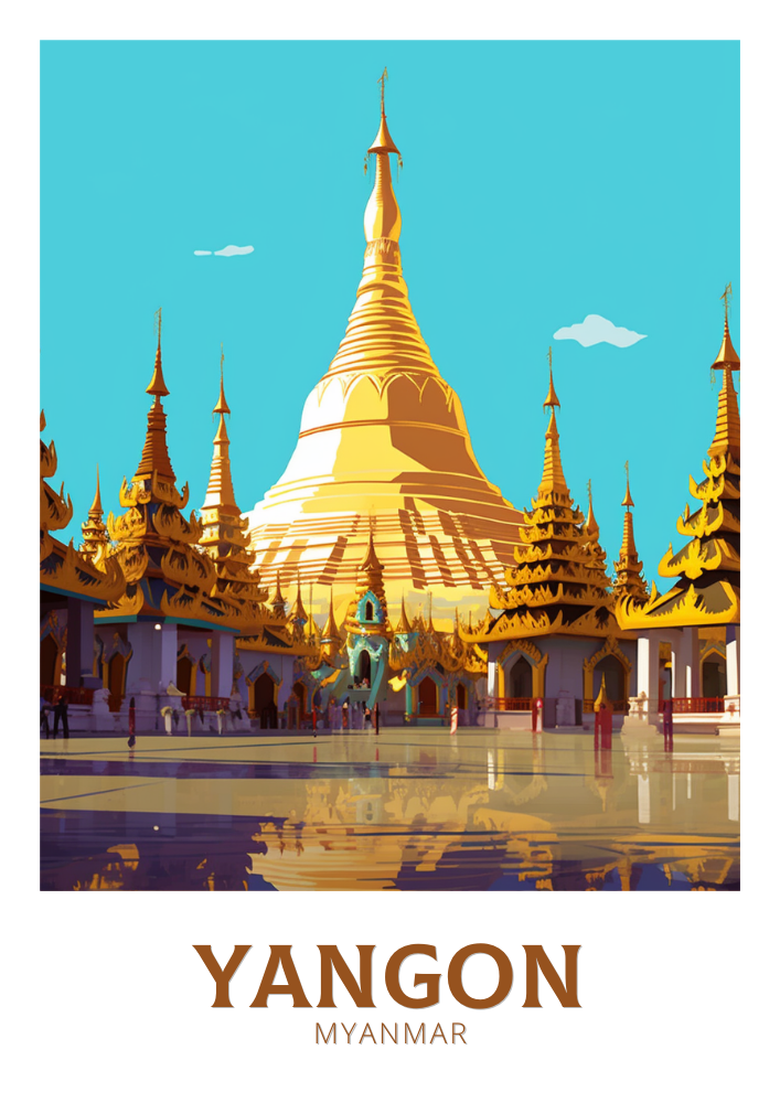 Asian YANGON TRAVEL POSTER - RETRO MYANMAR ART