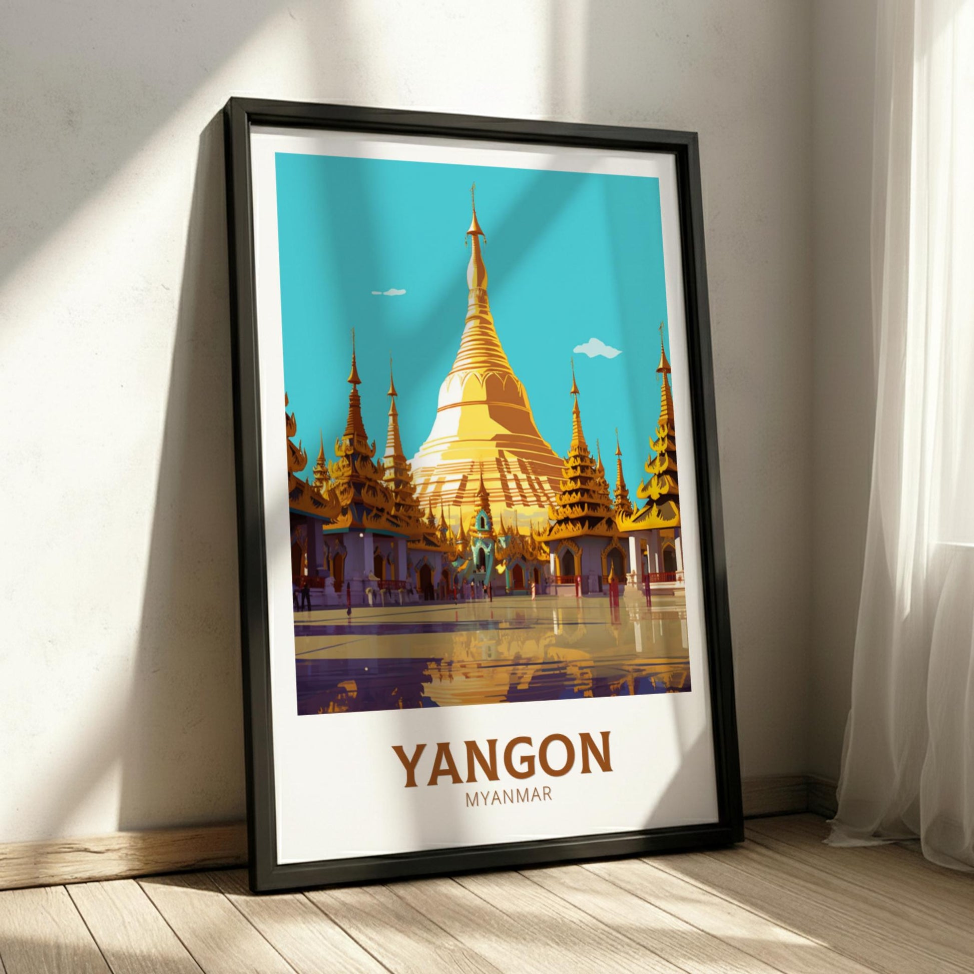 Framed poster of Yangon, Myanmar with a golden pagoda on a blue sky background.