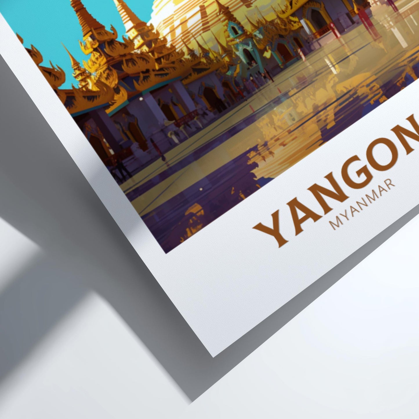 Framed artwork of a temple with 'Yangon Myanmar' text on a white background