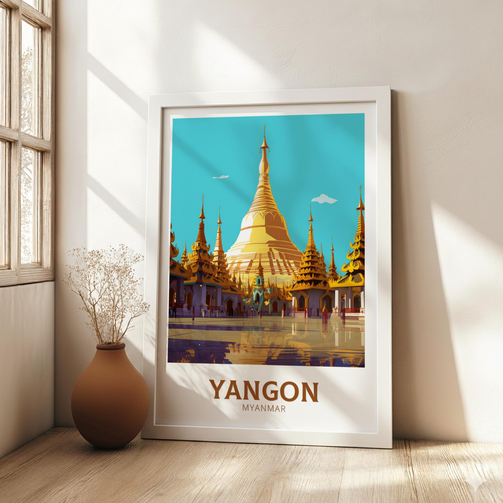 Asian YANGON TRAVEL POSTER - RETRO MYANMAR ART