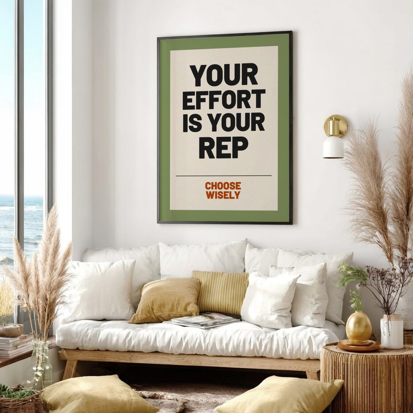 Motivational poster featuring bold typography on a green background, ideal for home decor and inspiration.