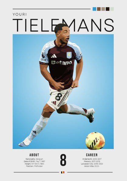 Youri Tielemans football poster featuring Aston Villa player in vibrant colors and modern style