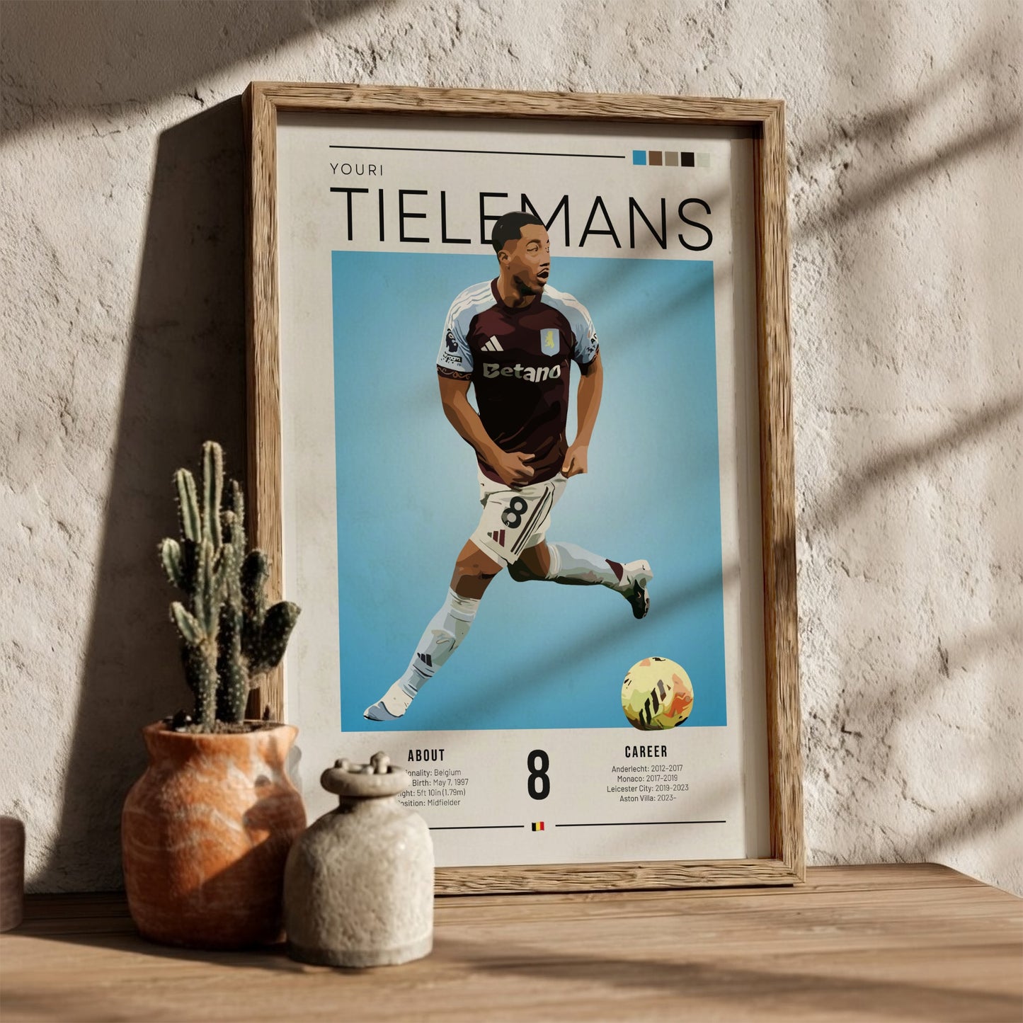 Youri Tielemans football poster featuring Aston Villa player in vibrant colors and modern style