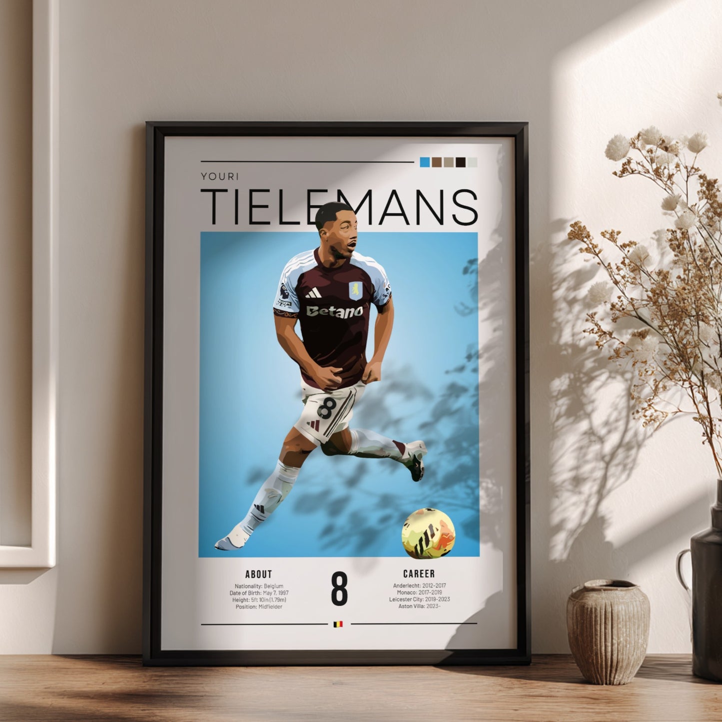 Youri Tielemans football poster featuring Aston Villa player in vibrant colors and modern style