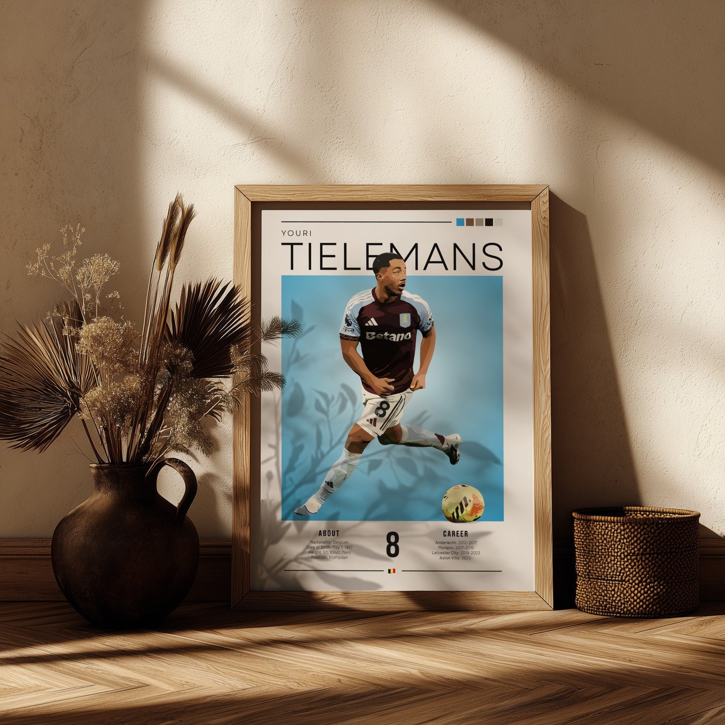 Youri Tielemans football poster featuring Aston Villa player in vibrant colors and modern style