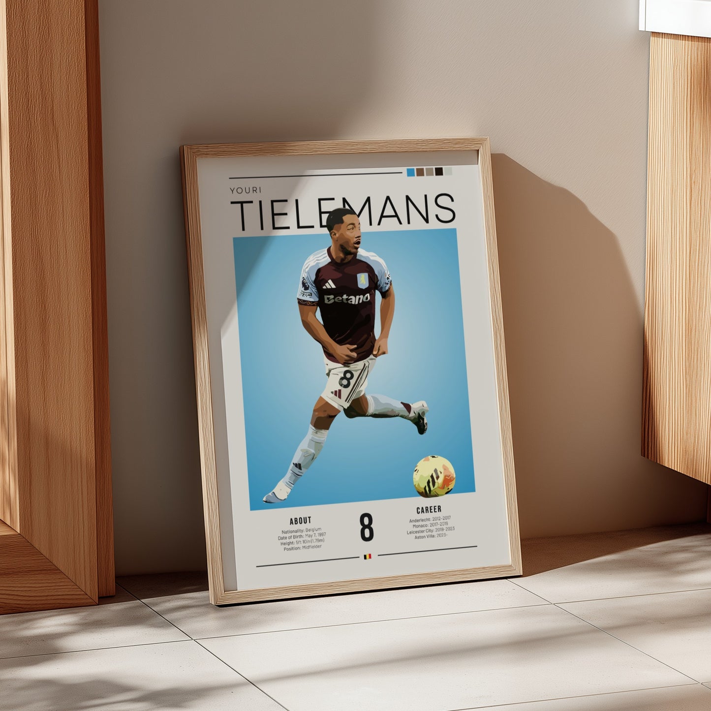 Youri Tielemans football poster featuring Aston Villa player in vibrant colors and modern style