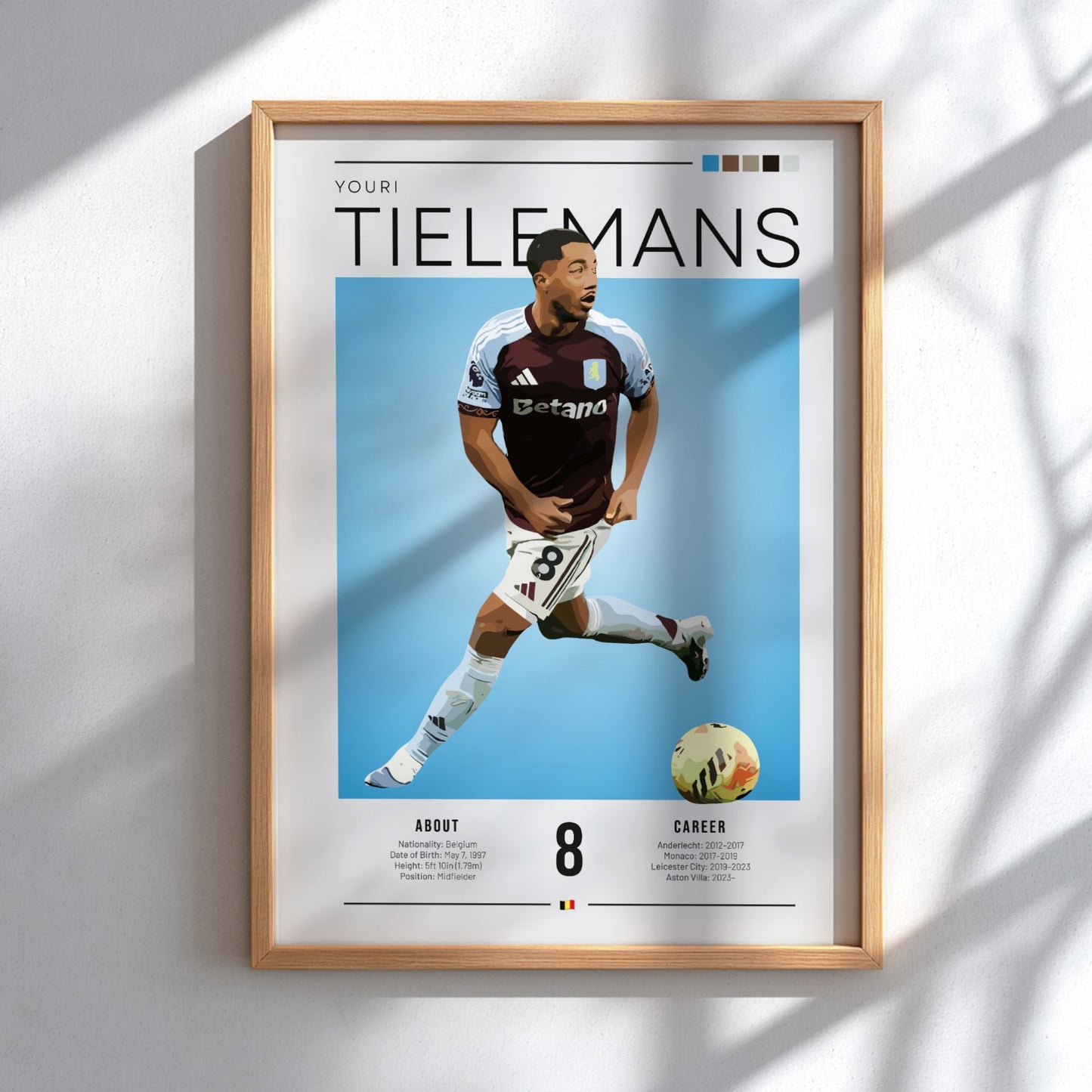 Youri Tielemans football poster featuring Aston Villa player in vibrant colors and modern style
