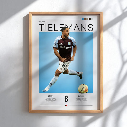 Youri Tielemans football poster featuring Aston Villa player in vibrant colors and modern style