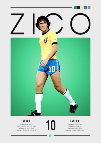 Zico Brazil football player wall art in vibrant colors showcasing retro style