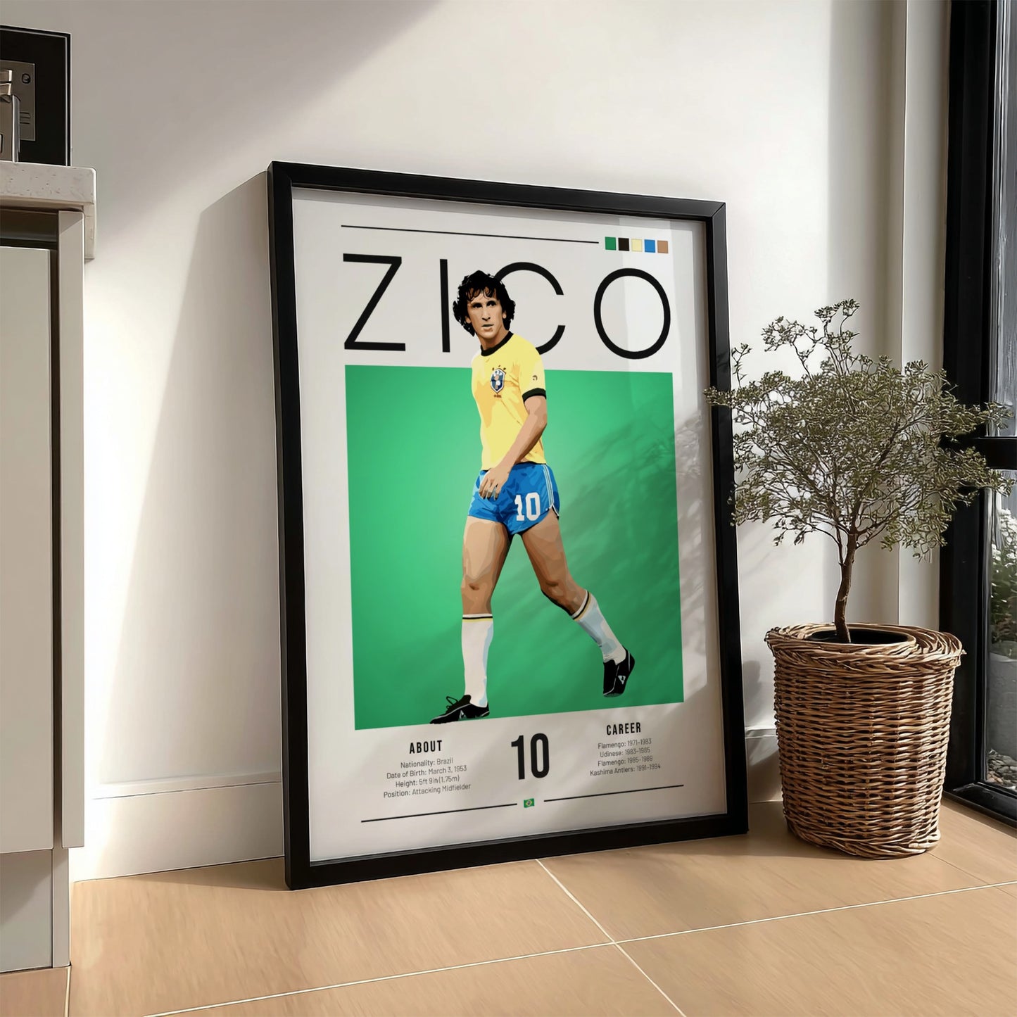 Zico Brazil football player wall art in vibrant colors showcasing retro style
